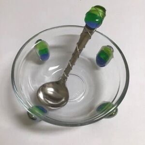 Art Glass Condiment Dish Blue Green Pebble Wire Wrapped Spoon Sea KIG Indonesia